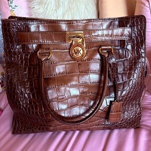 Michael Kors Chocolate Brown Croc-Embossed Leather Tote with Gold Hardware